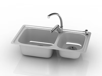 Stainless Steel Double Bowl Kitchen Sink with Modern Faucet and Drain 3d model