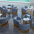 Leisure Sofa Set With Gray Upholstery Golden Legs And Side Tables Decorated With Green Plants