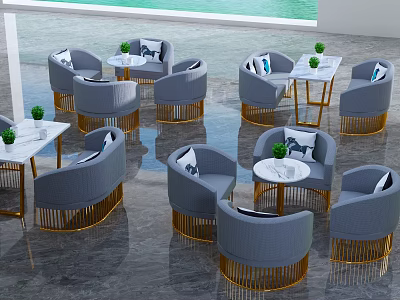 Leisure Sofa Set With Gray Upholstery Golden Legs And Side Tables Decorated With Green Plants 3d model