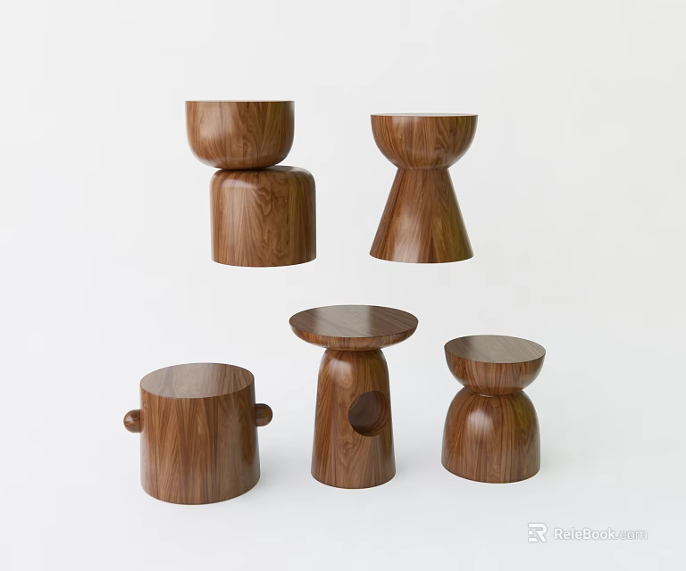 Modern Wooden Stools with Various Unique Designs Displayed on White Background 3d model