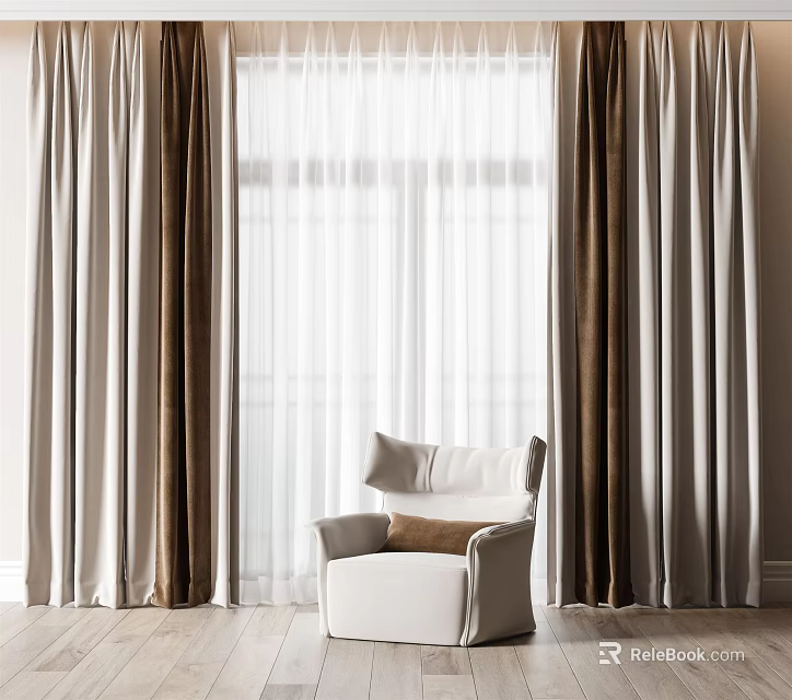 Elegant Beige Thick Curtains With White Sheer Panels By Window And White Accent Chair 3d model 