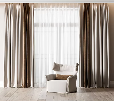 Elegant Beige Thick Curtains With White Sheer Panels By Window And White Accent Chair 3d model