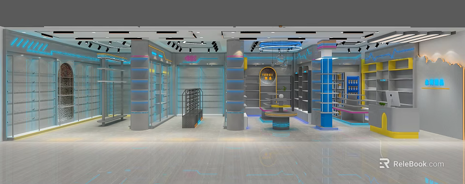 Elegant Modern Retail Store Interior With Glass Display Shelves LED Lighting And Counter 3d model 
