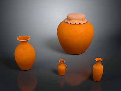Orange Ceramic Tea Set Including Lidded Storage Jar and Small Teacups 3d model