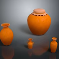 Orange Ceramic Tea Set Including Lidded Storage Jar and Small Teacups 3d model