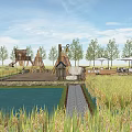 Natural Scenic Wall In Countryside With Rice Field Pond And Wooden Structures