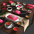 Essential Kitchen Utensils Knife Bowls and Spices with Fresh Meat on Wooden Table