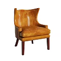Stylish Brown Leather Leisure Chair with Curved Backrest Armrests and Sturdy Wooden Legs