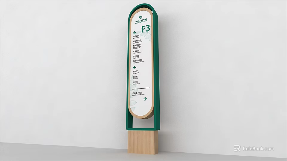 F3 Floor Directory Billboard With Green Frame Wooden Base And Arrow Direction 3d model 