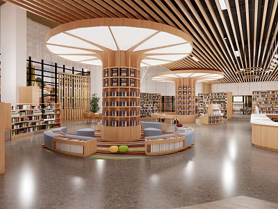 Book Art Inspired Library Interior With Wooden Circular Bookshelves And Reading Areas 3d model