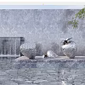 Contemporary Stainless Steel Fruit Sculptures By Water Pool With Stone Wall And Waterfall Feature