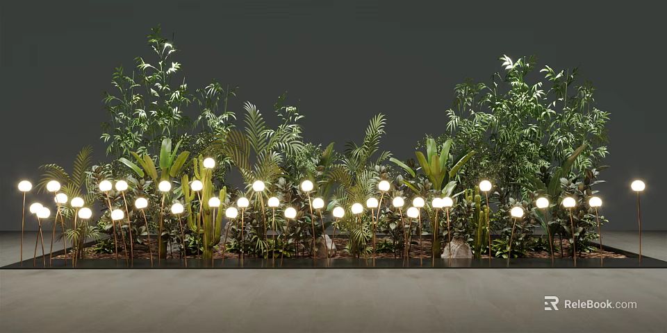 Decorative Lights Illuminating Lush Green Plants With Fresh Leaves And Natural Stones 3d model 
