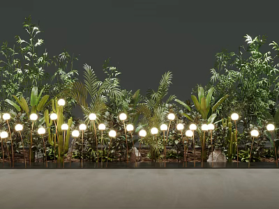 Decorative Lights Illuminating Lush Green Plants With Fresh Leaves And Natural Stones 3d model