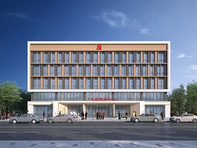 Modern Office Building Exterior Featuring Glass Windows Red Top Logo People And Cars 3d model