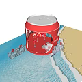 Red Coca-Cola Kiosk With Polar Bears On Beach At Sunset With Ice Blocks