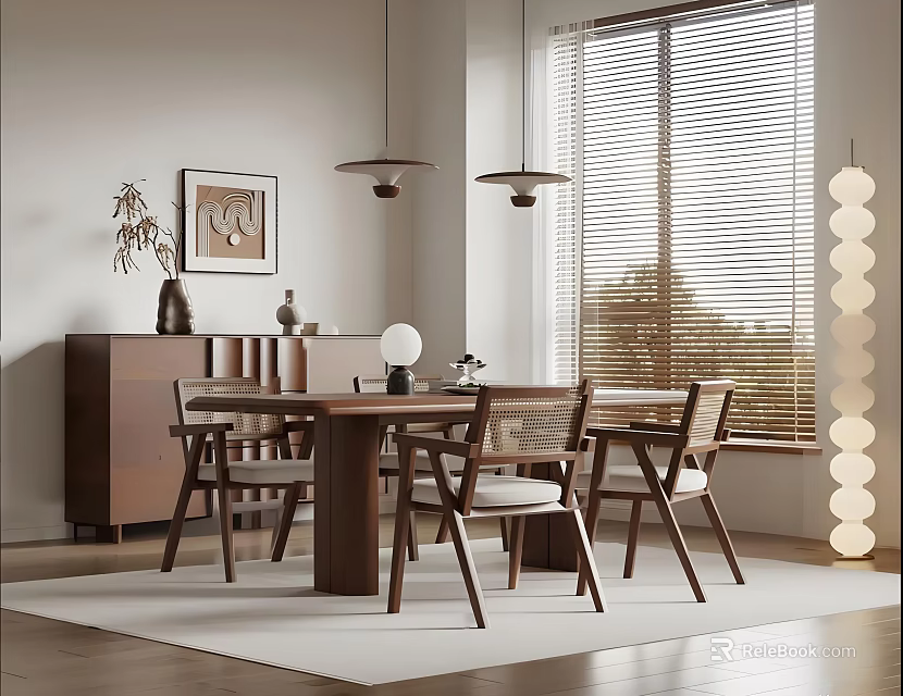 Modern Restaurant Dining Area With Wooden Table Chairs Hanging Lamps Window Blinds Sideboard And Decorative Floor Lamp 3d model 