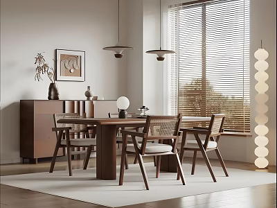 Modern Restaurant Dining Area With Wooden Table Chairs Hanging Lamps Window Blinds Sideboard And Decorative Floor Lamp 3d model