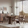 Modern Restaurant Dining Area With Wooden Table Chairs Hanging Lamps Window Blinds Sideboard And Decorative Floor Lamp
