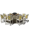 Round Dining Table Set with Six Chairs Yellow Cushions and Centerpiece 3d model