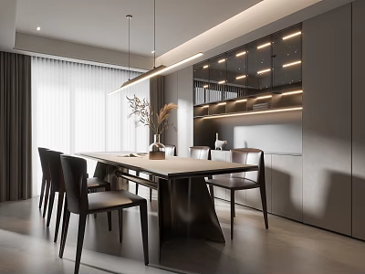 Modern Restaurant Interior With Dining Table Black Chairs Pendant Lights And Decorative Plants 3d model