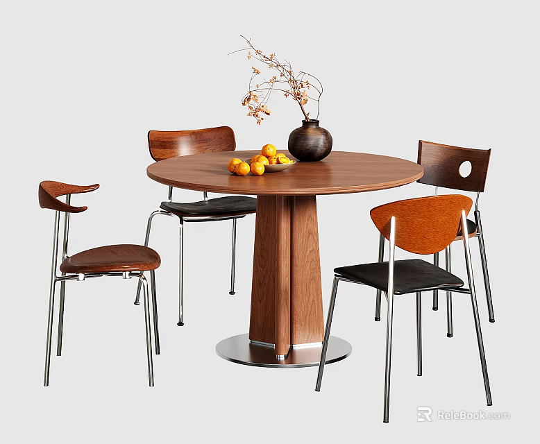 Modern Round Wooden Table And Chair Set With Metal Legs Vase Branches And Yellow Fruits 3d model 