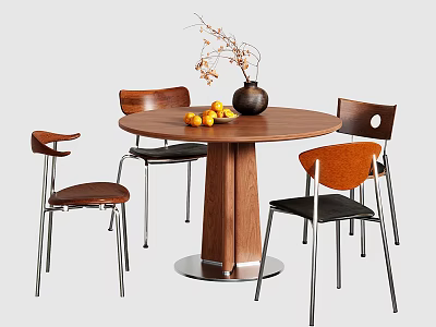 Modern Round Wooden Table And Chair Set With Metal Legs Vase Branches And Yellow Fruits 3d model