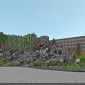 Scenic Park Landscape With Rock Waterfall Stone Path Green Trees And Pedestrians Walking