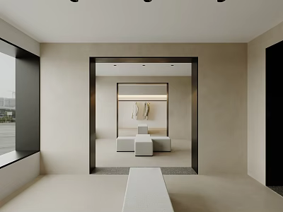 Minimalist Clothing Store Interior Design With Mirror Bench And Large Window 3d model