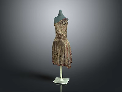 One Shoulder Decorative Patterned Dress With Pleated Hem Displayed On Mannequin 3d model