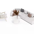 Light Gray L Sofa and White Round Coffee Table Set with Cushions Blanket Dried Plants