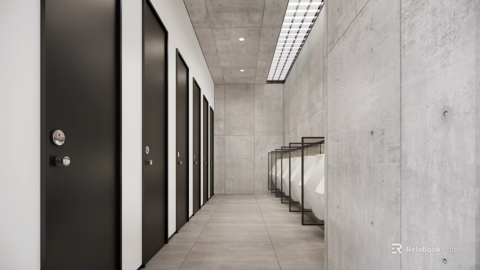 Modern Public Toilet With Gray Walls Black Doors Urinals And Long Corridor 3d model 