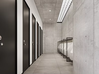 Modern Public Toilet With Gray Walls Black Doors Urinals And Long Corridor 3d model