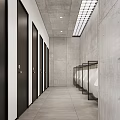 Modern Public Toilet With Gray Walls Black Doors Urinals And Long Corridor