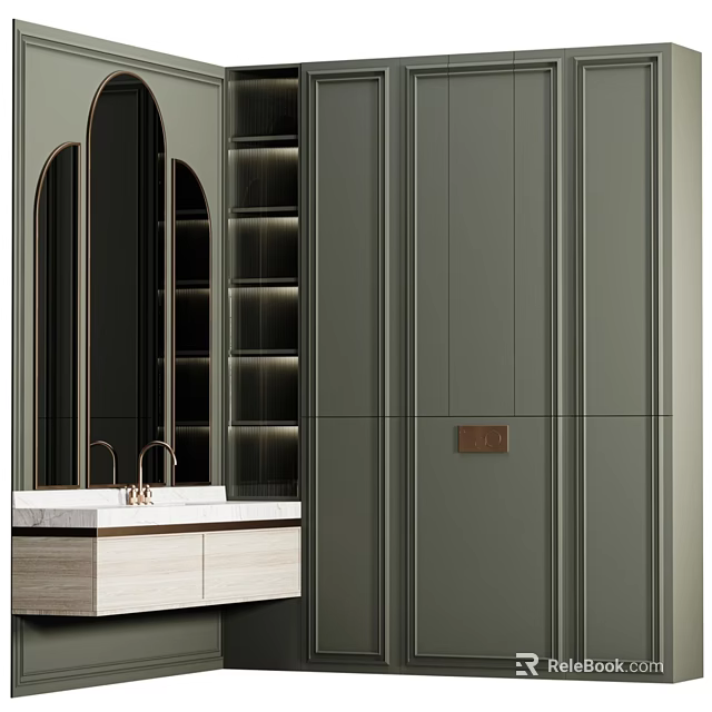 Modern Bathroom Vanity With Arched Mirror Dark Green Cabinet And Wooden Countertop 3d model 