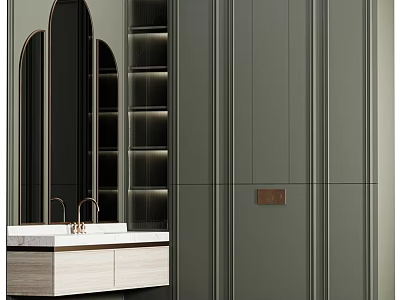 Modern Bathroom Vanity With Arched Mirror Dark Green Cabinet And Wooden Countertop 3d model