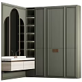 Modern Bathroom Vanity With Arched Mirror Dark Green Cabinet And Wooden Countertop