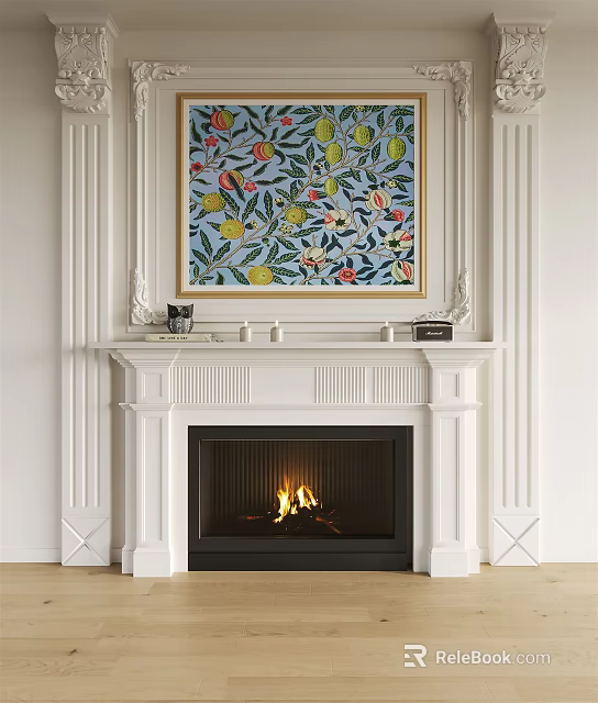 White Fireplace Mantel Featuring Decorative Painting And Burning Fire Interior 3d model