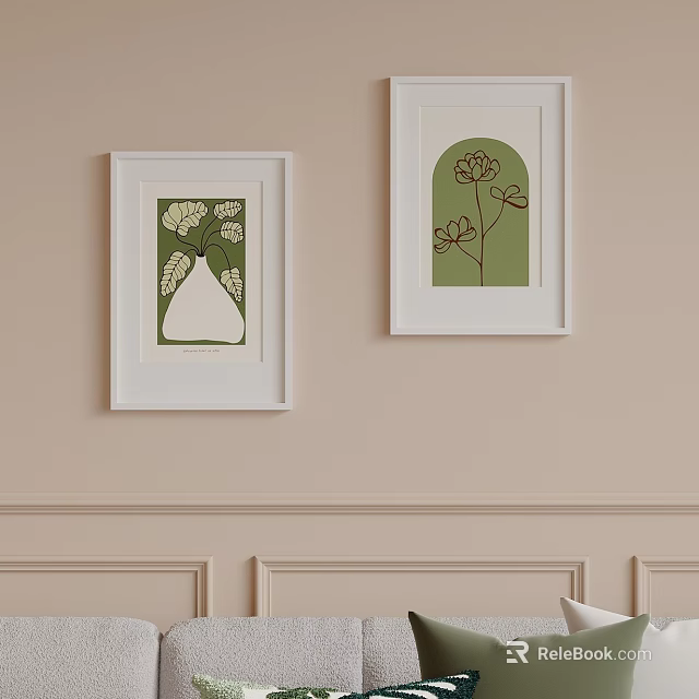 Two White Frames Displaying Art Prints On A Neutral Wall 3d model