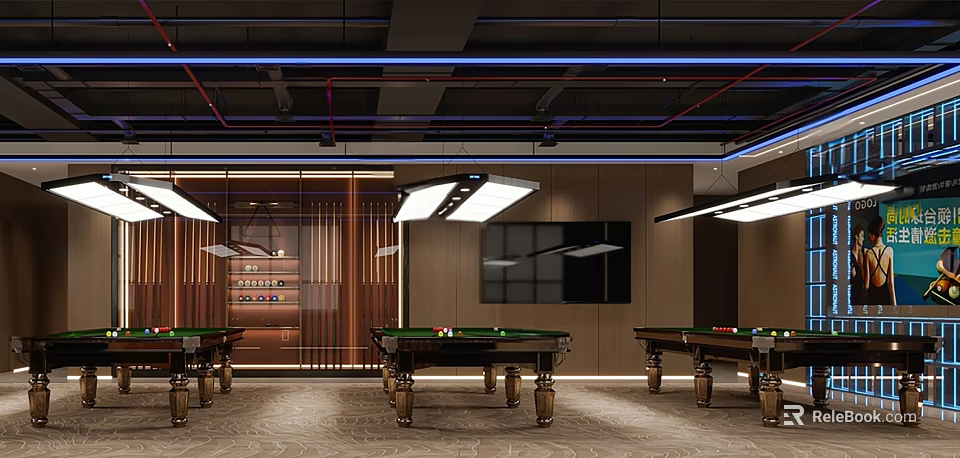 Modern Billiard Room Interior Design With Multiple Tables Ceiling Lights And Wall Decor 3d model