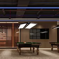 Modern Billiard Room Interior Design With Multiple Tables Ceiling Lights And Wall Decor 3d model