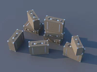 Brown Cardboard Boxes With White Edges And Handles Stacked And Scattered On Gray Background 3d model