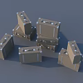 Brown Cardboard Boxes With White Edges And Handles Stacked And Scattered On Gray Background