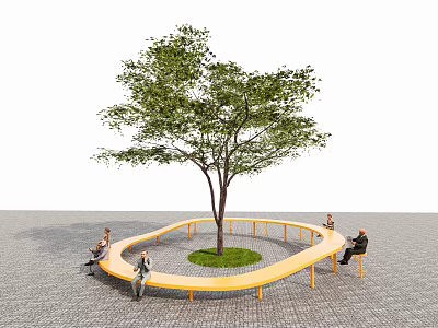 Yellow Circular Outdoor Chair Around Tree With Paved Ground And People Sitting 3d model