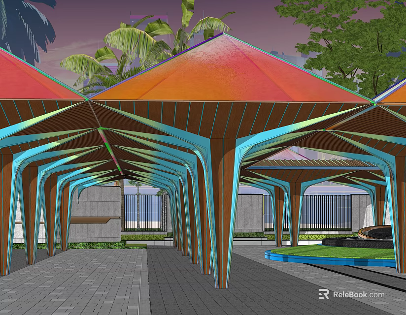 Colorful Pergola With Vibrant Roof And Blue Beams Surrounded By Palm Trees Pool And Greenery 3d model 