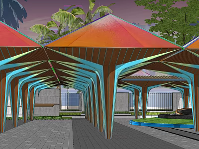 Colorful Pergola With Vibrant Roof And Blue Beams Surrounded By Palm Trees Pool And Greenery 3d model