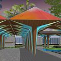 Colorful Pergola With Vibrant Roof And Blue Beams Surrounded By Palm Trees Pool And Greenery