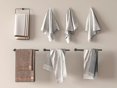 Soft Absorbent Bathroom Towels In Various Colors Hanging And Folded On Racks 3d model