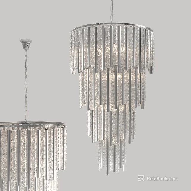 Modern Crystal Multi layered Chandelier With Hanging Transparent Strips And Metal Frame 3d model 