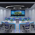 Modern Monitoring Room With Curved Workstations Blue Chairs And Computer Monitors Bright Interior Setup