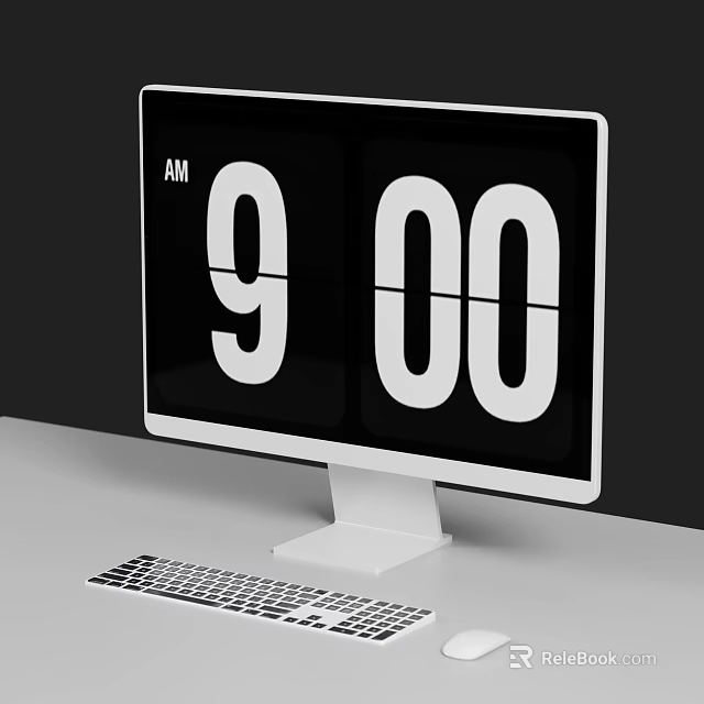 Modern Computer Monitor Displaying 900 AM Digital Clock With Keyboard On Desk 3d model 